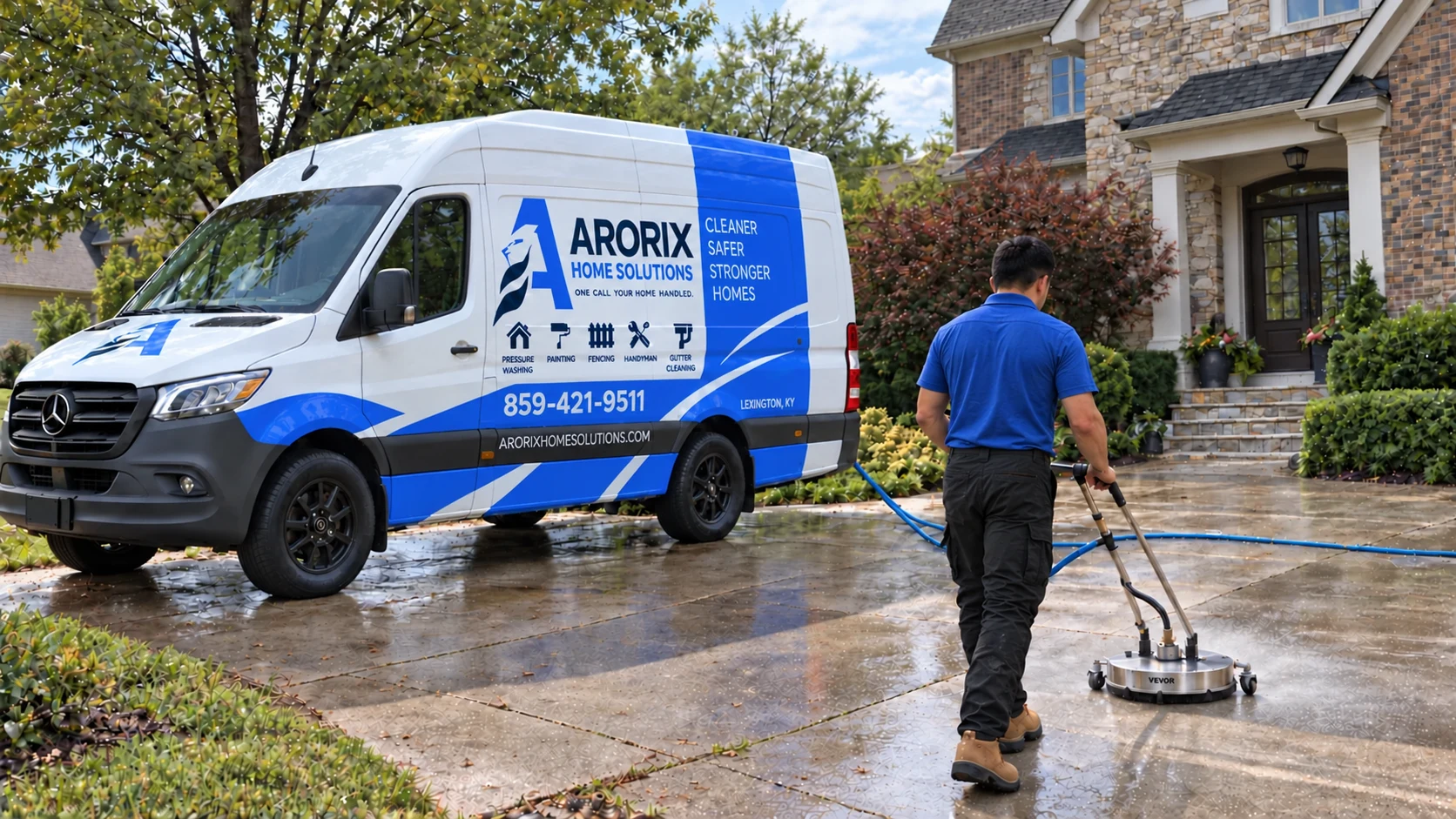 Arorix brand illustration of a technician in a blue shirt using a silver surface cleaner beside a branded Mercedes Sprinter van