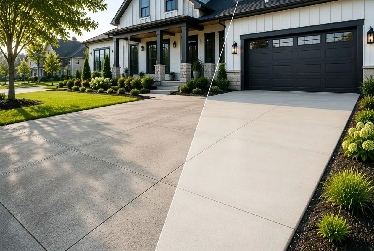 Before-and-after view of a concrete driveway cleaned by Arorix Home Solutions in Lexington, Kentucky