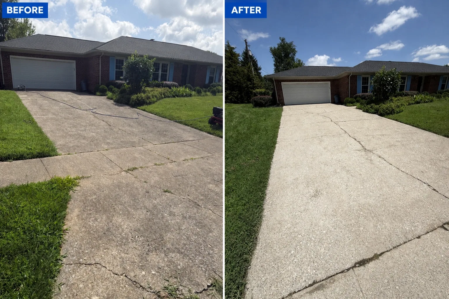 Before-and-after comparison of a residential driveway pressure-washing project completed by Arorix Home Solutions