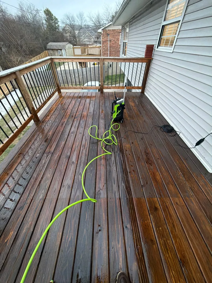 Wood deck during a pressure-washing project completed by Arorix in Lexington Kentucky