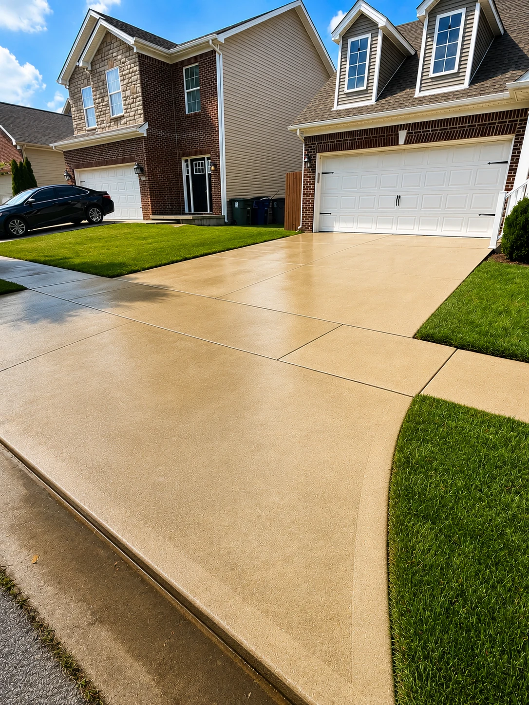 Clean driveway and front walkway beside a Lexington home with white garage doors